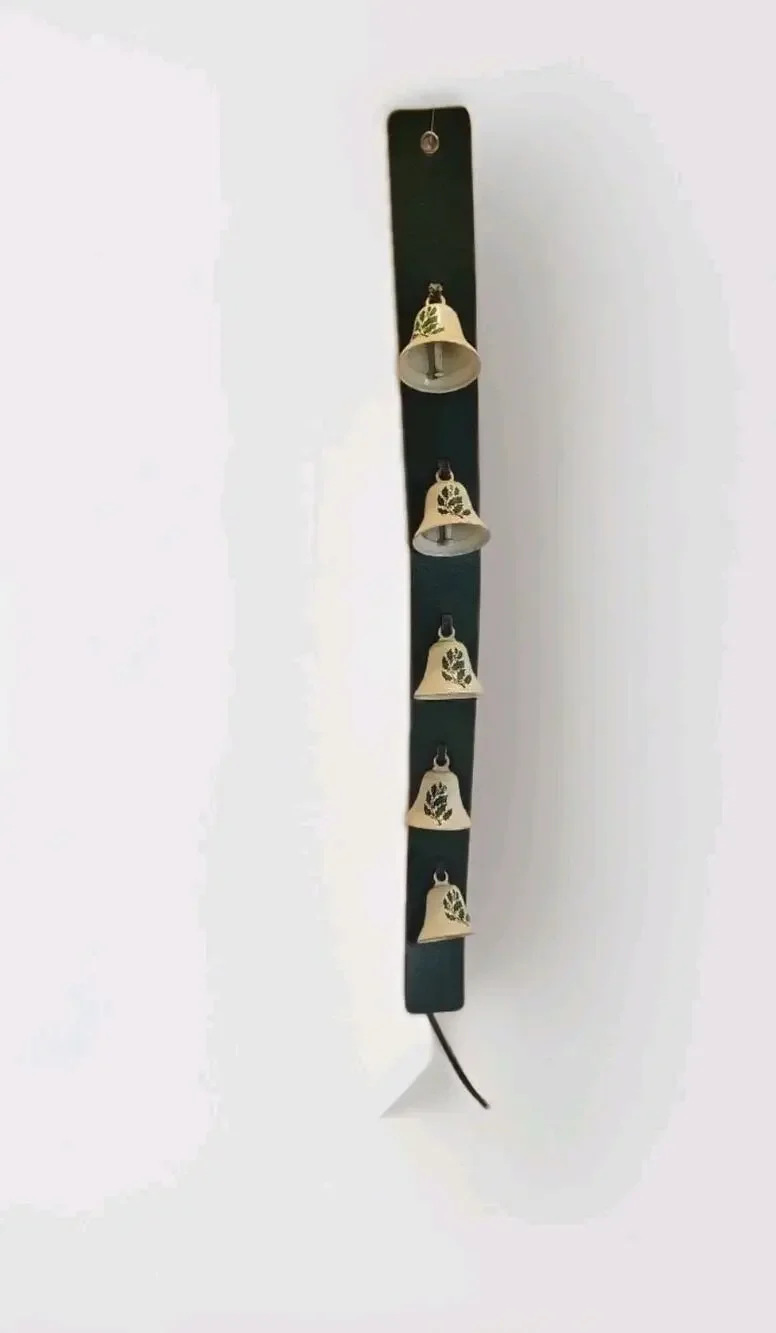 Vintage Christmas Bells On Leather Strap Door Hanger Holly LOUD Bells Holiday